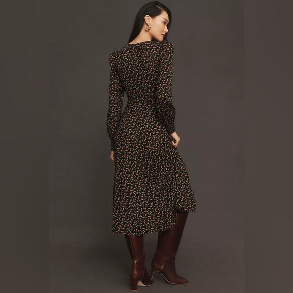 Reformation Black Floral Long Sleeve Sweetheart Neck Slit Hunt Midi Dress 0 - Picture 9 of 10